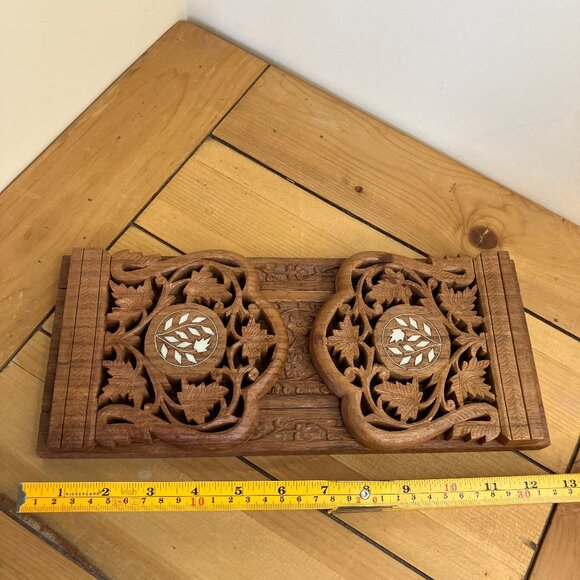 Carved Wood Bookends Adjustable Sliding Book Rack with Inlay Design - Picture 7 of 7